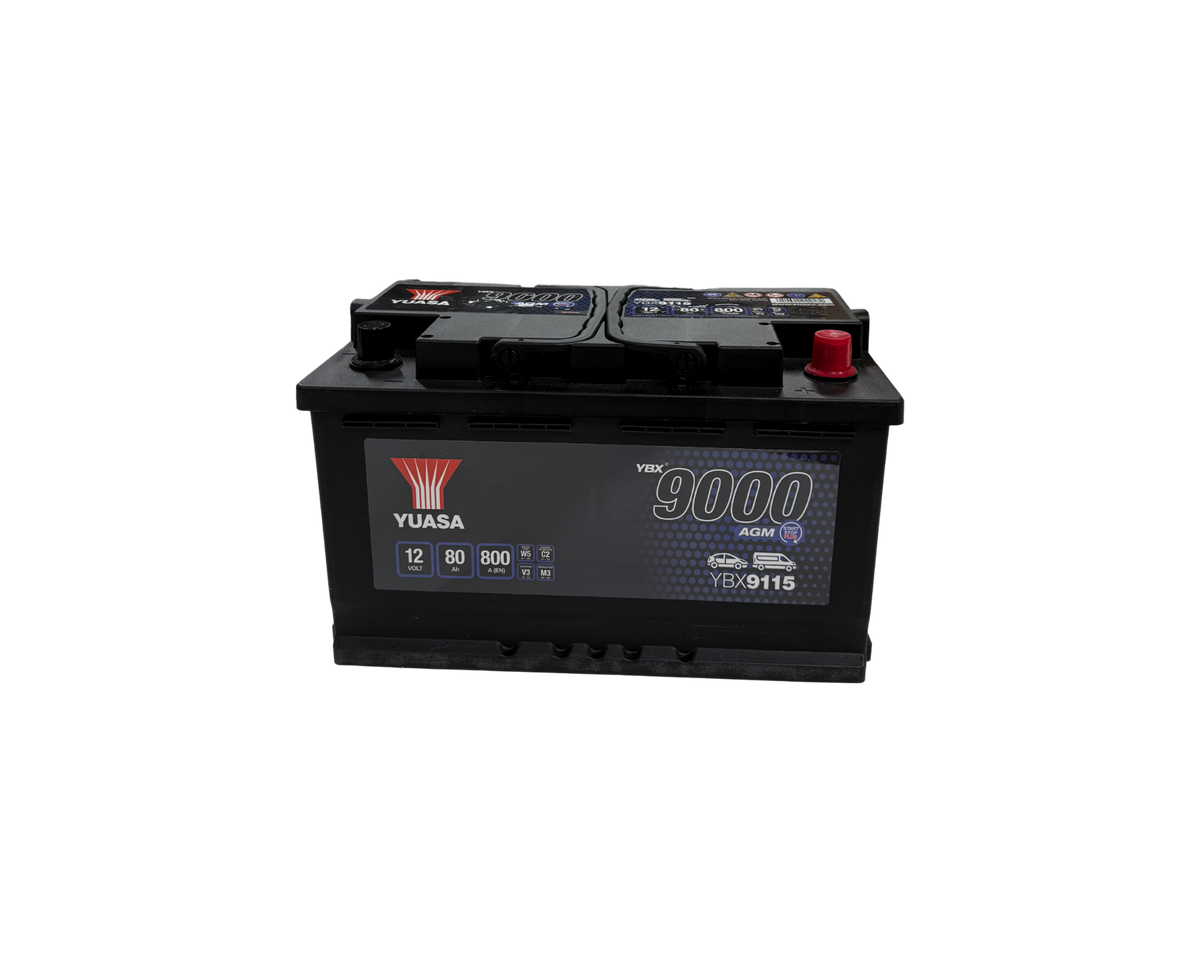 AGM-Batteri från Yuasa med artikelnummer 422YBX9115. Passar till bilar med start-stop-funktion. 