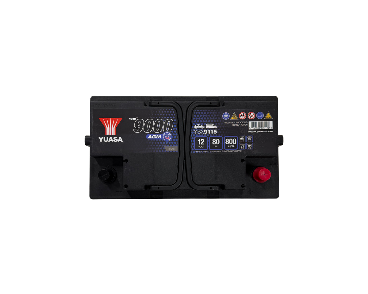 AGM-Batteri från Yuasa med artikelnummer 422YBX9115. Passar till bilar med start-stop-funktion. 