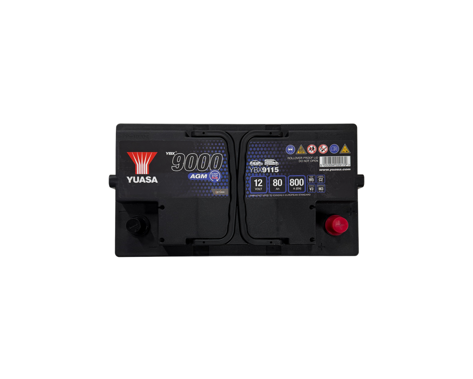 AGM-Batteri från Yuasa med artikelnummer 422YBX9115. Passar till bilar med start-stop-funktion. 
