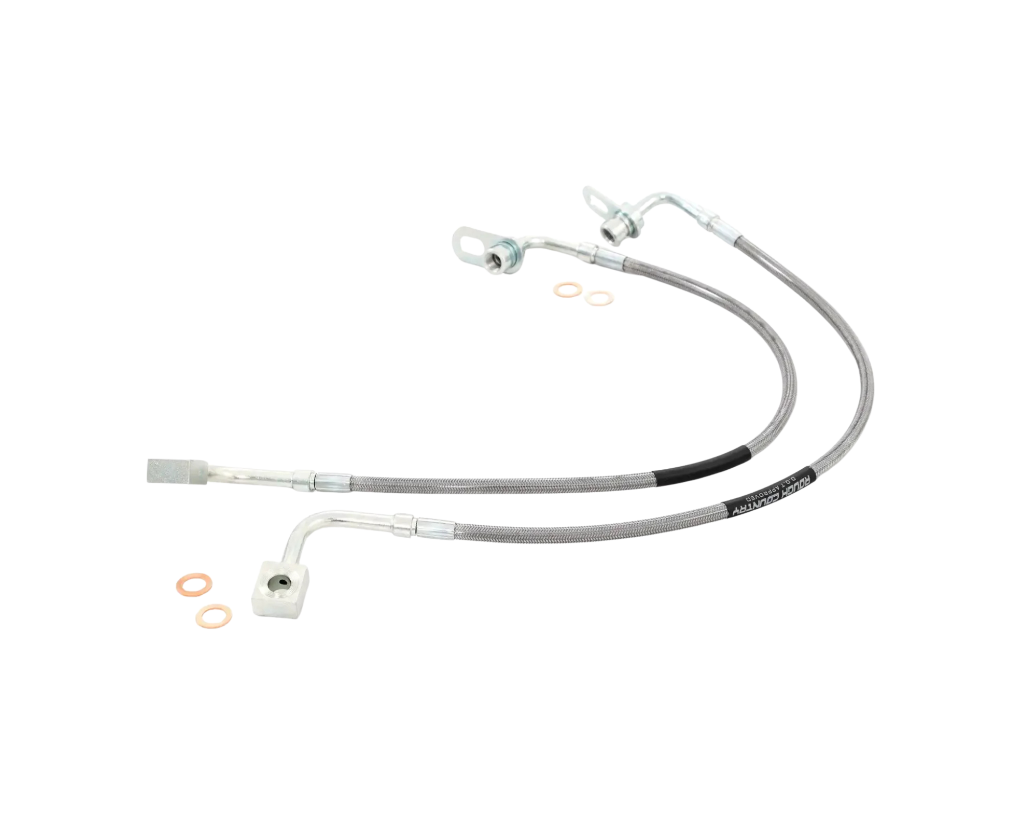 Stålomspunna främre bromsslangar från Rough Country till din RAM 1500! Tåliga och effektiva tack vare det flätade höljet i rostfritt stål. 