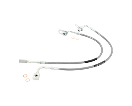 Stålomspunna främre bromsslangar från Rough Country till din RAM 1500! Tåliga och effektiva tack vare det flätade höljet i rostfritt stål. 