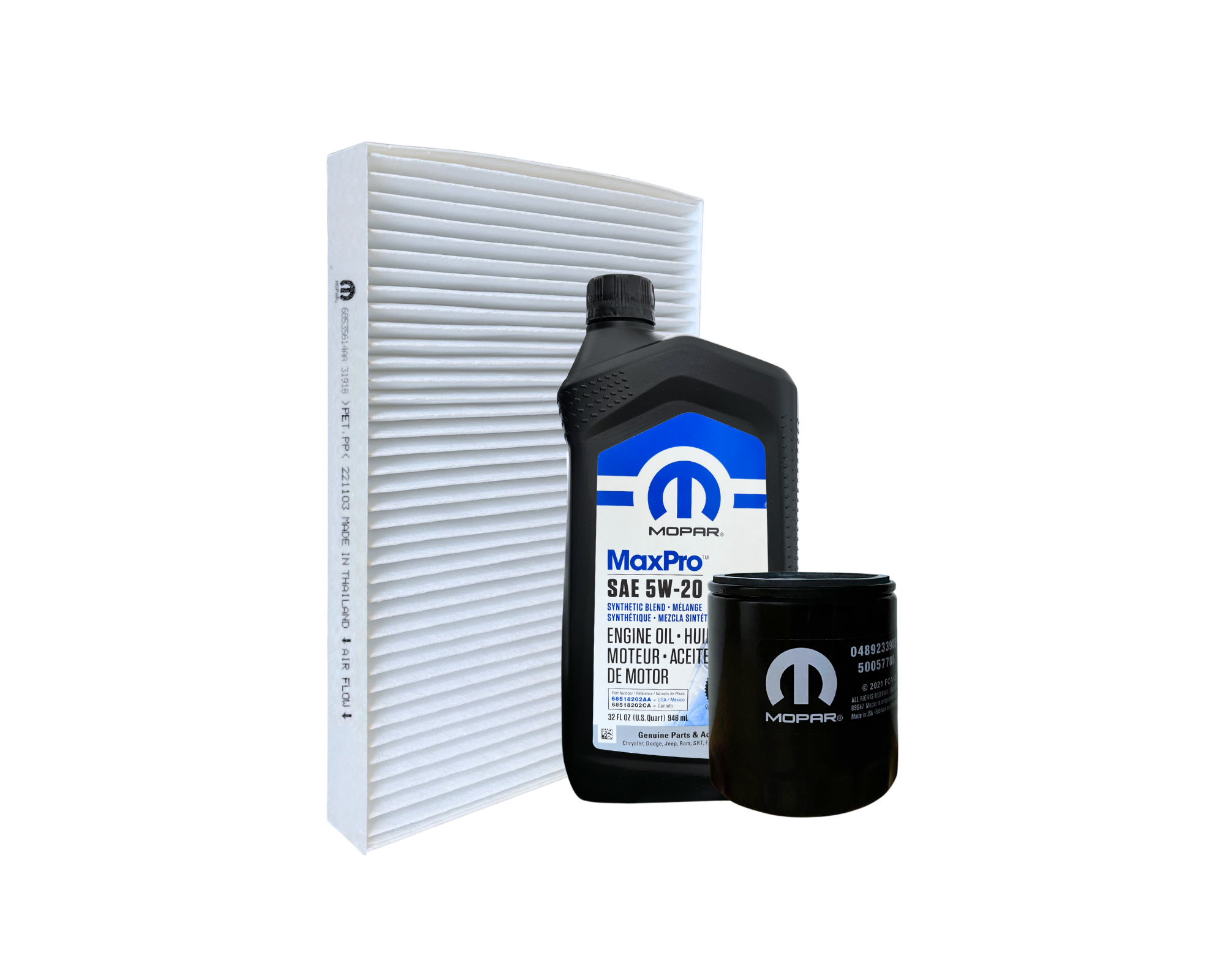 Servicepaket innehållande oljefilter, motorolja och kupéfilter med artikelnummer SPCHA2A från Mopar. Passar till Dodge Challenger och Charger med 5.7L HEMI motor.