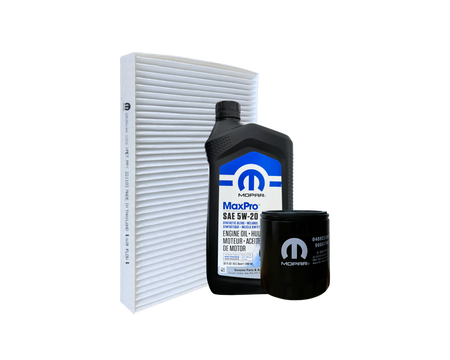 Servicepaket innehållande oljefilter, motorolja och kupéfilter med artikelnummer SPCHA2A från Mopar. Passar till Dodge Challenger och Charger med 5.7L HEMI motor.