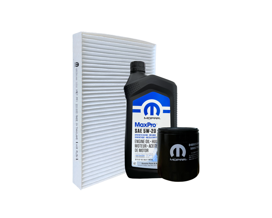 Servicepaket innehållande oljefilter, motorolja och kupéfilter med artikelnummer SPCHA2A från Mopar. Passar till Dodge Challenger och Charger med 5.7L HEMI motor.