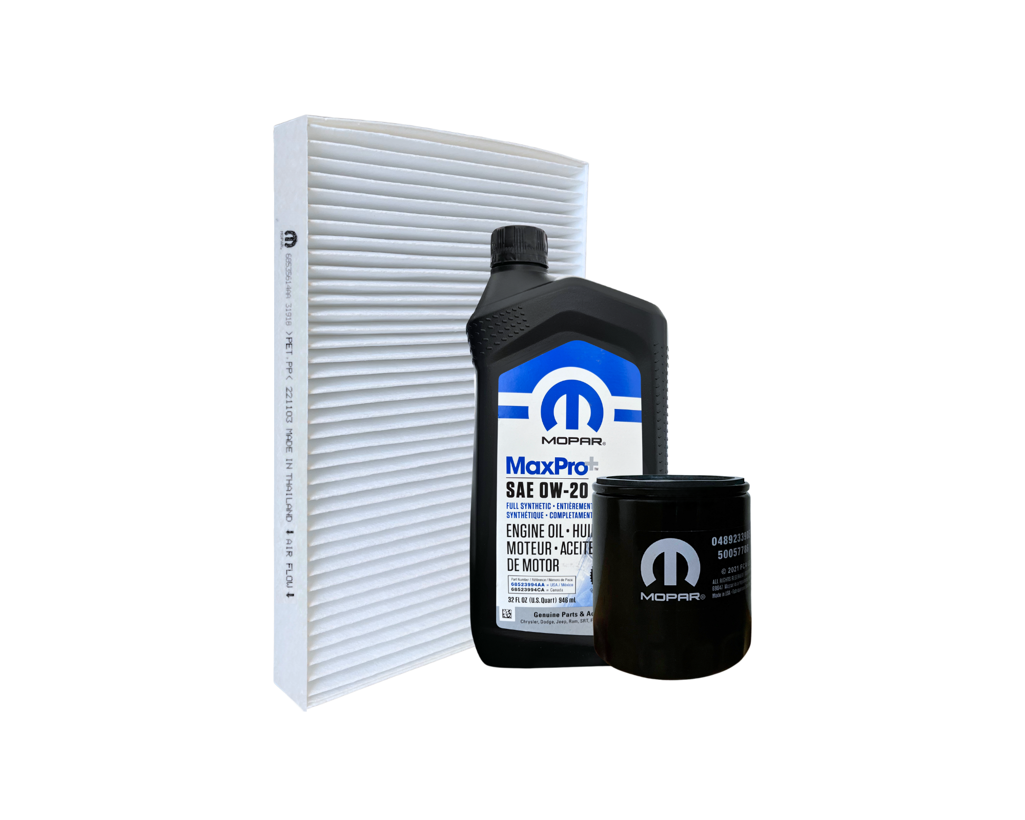 Servicepaket innehållande oljefilter, motorolja och kupéfilter med artikelnummer SPCHA2B från Mopar. Passar till Dodge Challenger och Charger med 5.7L HEMI motor.