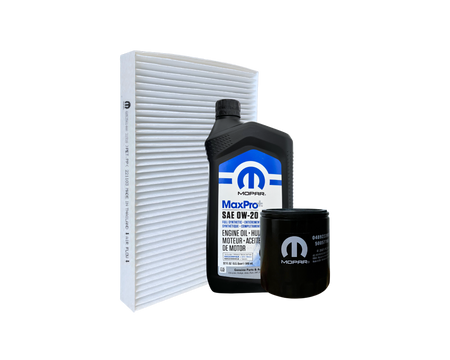 Servicepaket innehållande oljefilter, motorolja och kupéfilter med artikelnummer SPCHA2B från Mopar. Passar till Dodge Challenger och Charger med 5.7L HEMI motor.