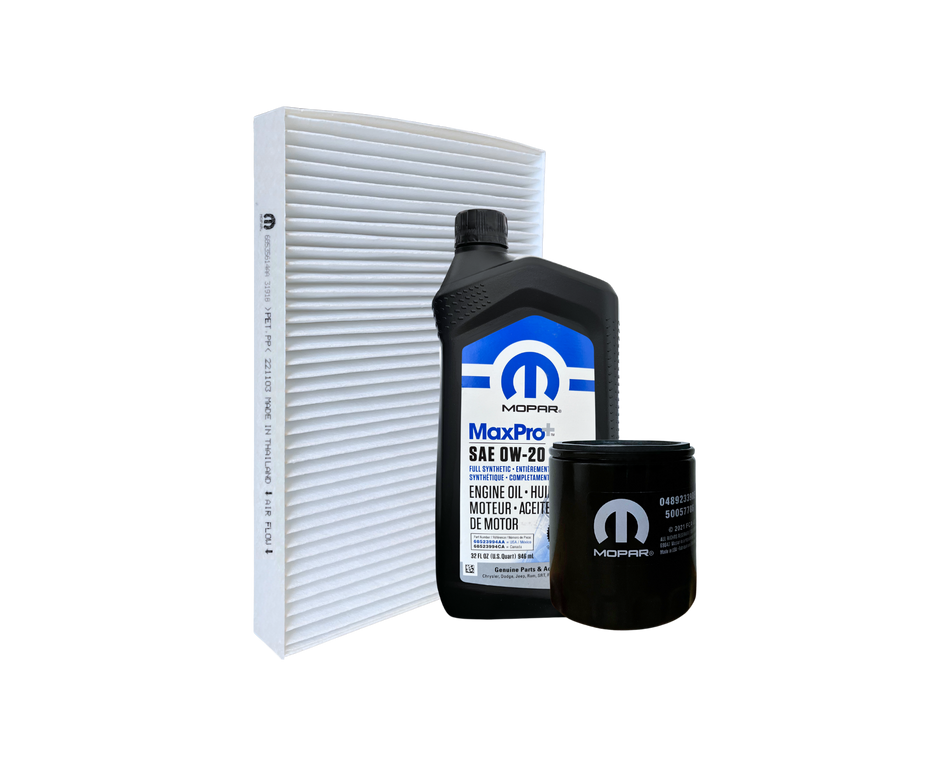 Servicepaket innehållande oljefilter, motorolja och kupéfilter med artikelnummer SPCHA2B från Mopar. Passar till Dodge Challenger och Charger med 5.7L HEMI motor.
