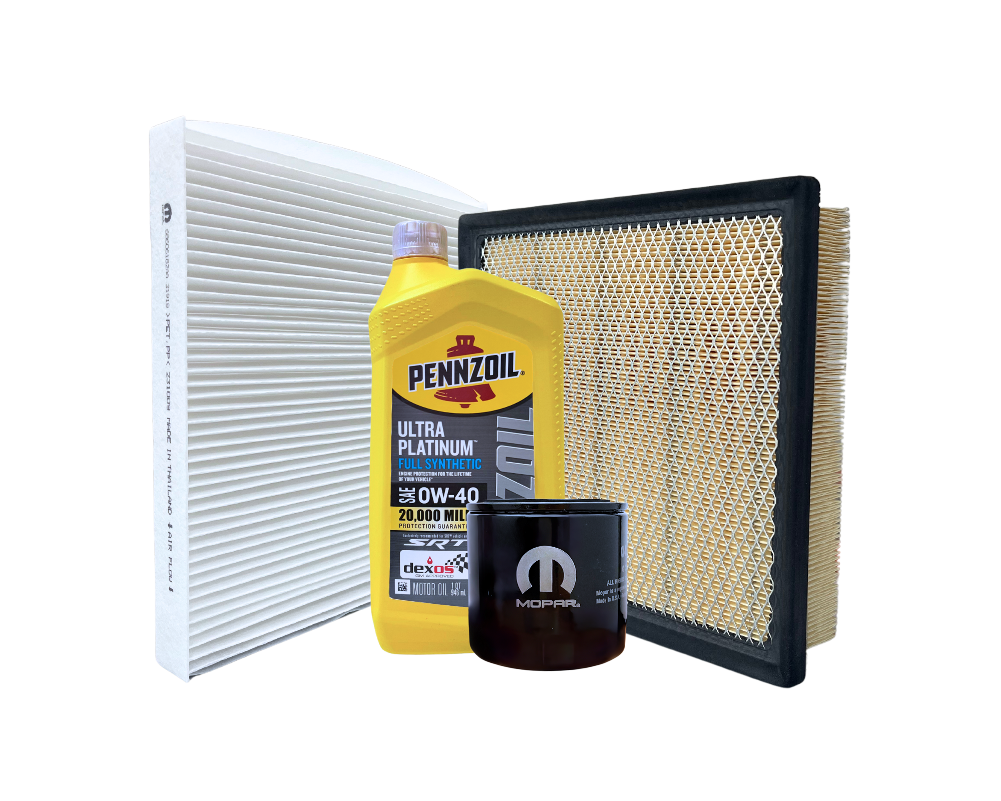 Servicepaket i original från Mopar innehållande motorolja, oljefilter, kupéfilter & luftfilter. Passar till Durango & Grand Cherokee med 6.4L SRT motor.