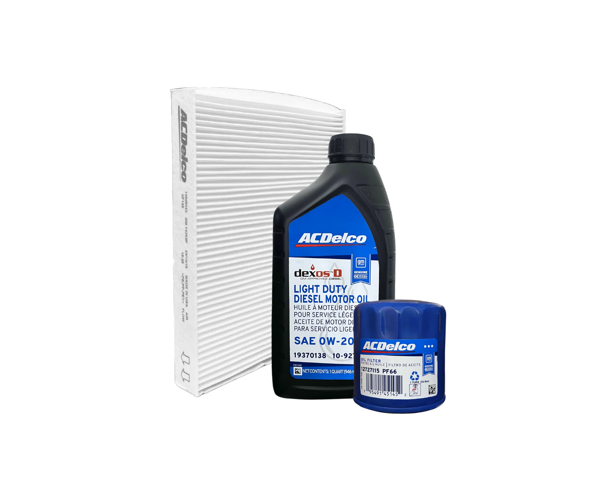 Servicepaket i original från GM (ACDelco) innehållande motorolja, oljefilter och kupéfilter till Chevrolet Silverado, Chevrolet Suburban, Chevrolet Tahoe, Cadillac Escalade, GMC Sierra och GMC Yukon med 3.0 liters dieselmotor. 
