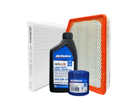 Servicepaket i original från GM (ACDelco) innehållande motorolja, oljefilter, kupéfilter och luftfilter till Chevrolet Silverado, Chevrolet Suburban, Chevrolet Tahoe, Cadillac Escalade, GMC Sierra och GMC Yukon med 3.0 liters dieselmotor. 