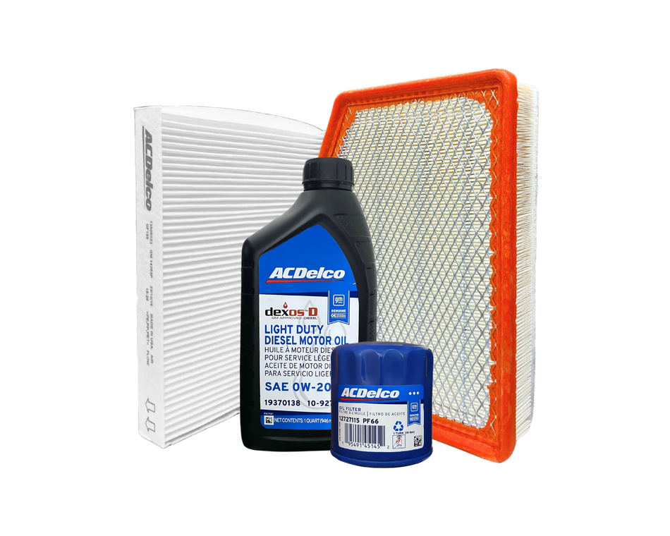 Servicepaket i original från GM (ACDelco) innehållande motorolja, oljefilter, kupéfilter och luftfilter till Chevrolet Silverado, Chevrolet Suburban, Chevrolet Tahoe, Cadillac Escalade, GMC Sierra och GMC Yukon med 3.0 liters dieselmotor. 