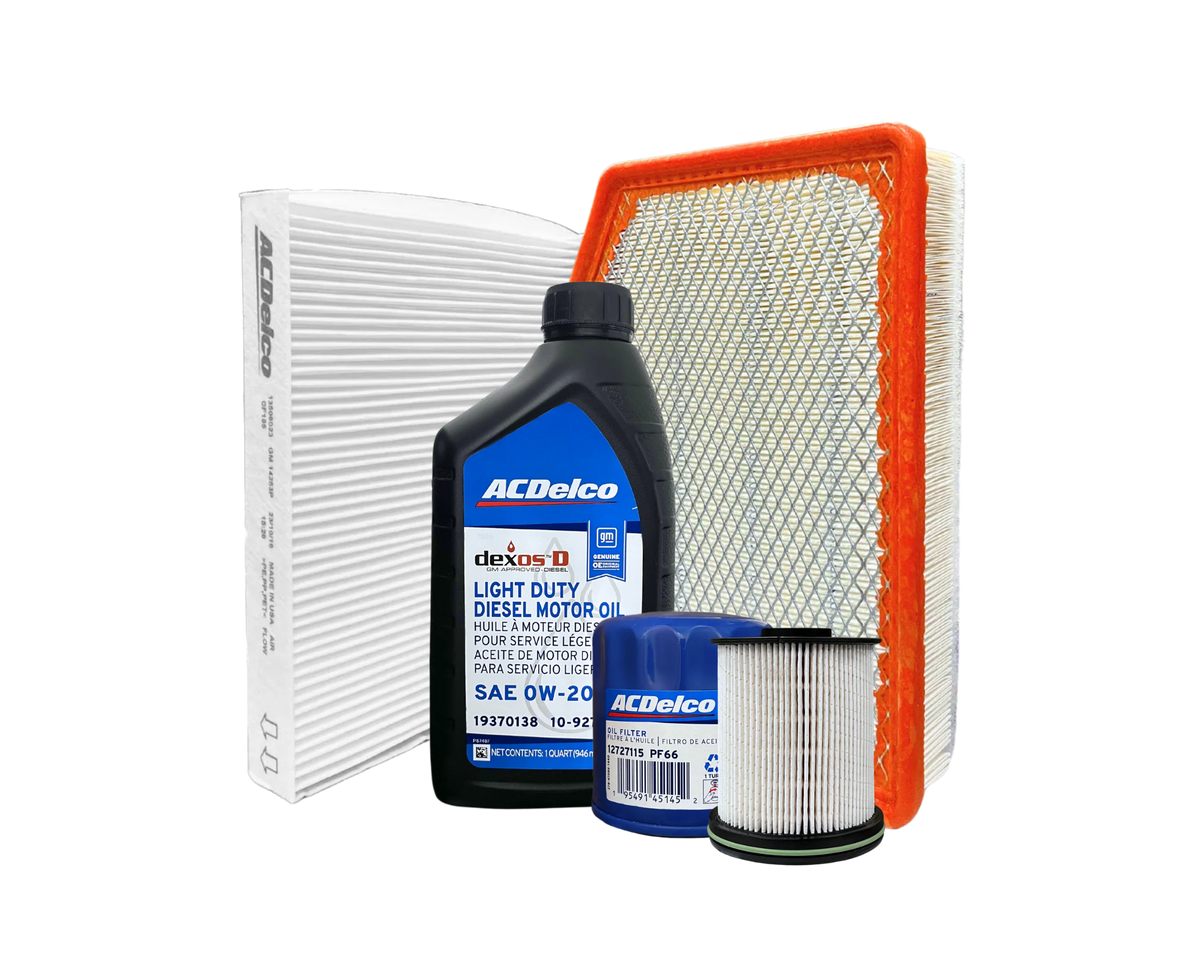 Servicepaket i original från GM (ACDelco) innehållande motorolja, oljefilter, kupéfilter, luftfilter och bränslefilter till Chevrolet Silverado, Chevrolet Suburban, Chevrolet Tahoe, Cadillac Escalade, GMC Sierra och GMC Yukon med 3.0 liters dieselmotor. 