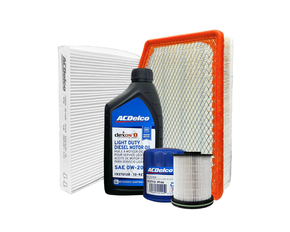Servicepaket i original från GM (ACDelco) innehållande motorolja, oljefilter, kupéfilter, luftfilter och bränslefilter till Chevrolet Silverado, Chevrolet Suburban, Chevrolet Tahoe, Cadillac Escalade, GMC Sierra och GMC Yukon med 3.0 liters dieselmotor. 