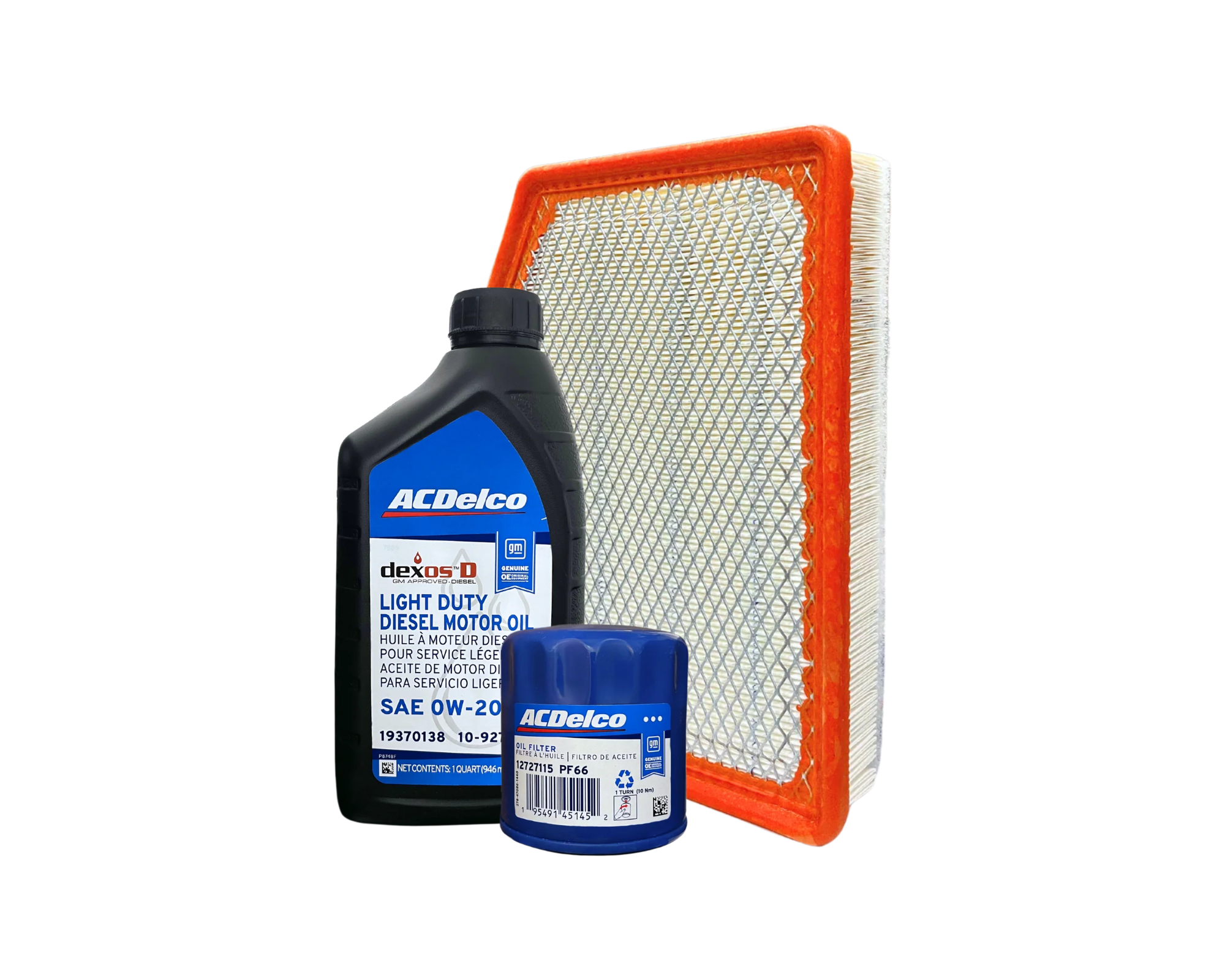 Servicepaket i original från GM (ACDelco) innehållande motorolja, oljefilter och luftfilter till Chevrolet Silverado, Chevrolet Suburban, Chevrolet Tahoe, Cadillac Escalade, GMC Sierra och GMC Yukon med 3.0 liters dieselmotor. 