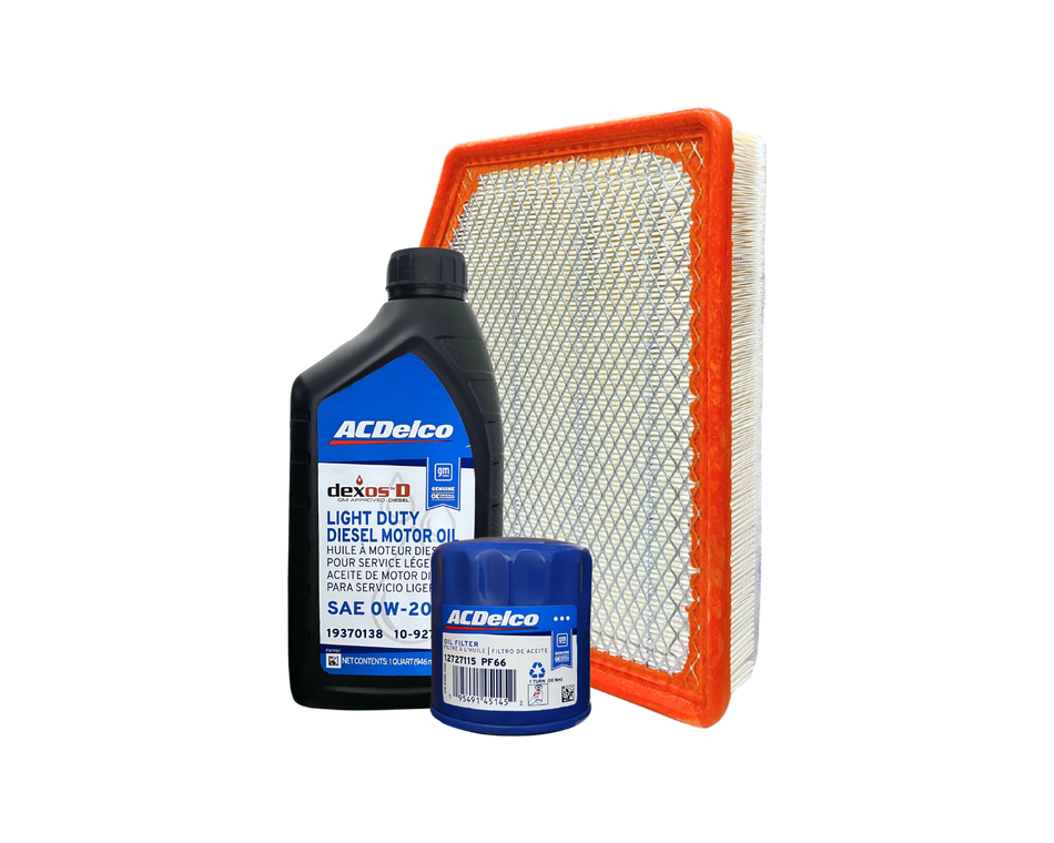 Servicepaket i original från GM (ACDelco) innehållande motorolja, oljefilter och luftfilter till Chevrolet Silverado, Chevrolet Suburban, Chevrolet Tahoe, Cadillac Escalade, GMC Sierra och GMC Yukon med 3.0 liters dieselmotor. 