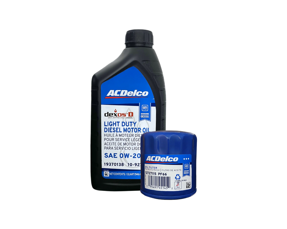 Servicepaket i original från GM (ACDelco) innehållande motorolja och oljefilter till Chevrolet Silverado, Chevrolet Suburban, Chevrolet Tahoe, Cadillac Escalade, GMC Sierra och GMC Yukon med 3.0 liters dieselmotor. 